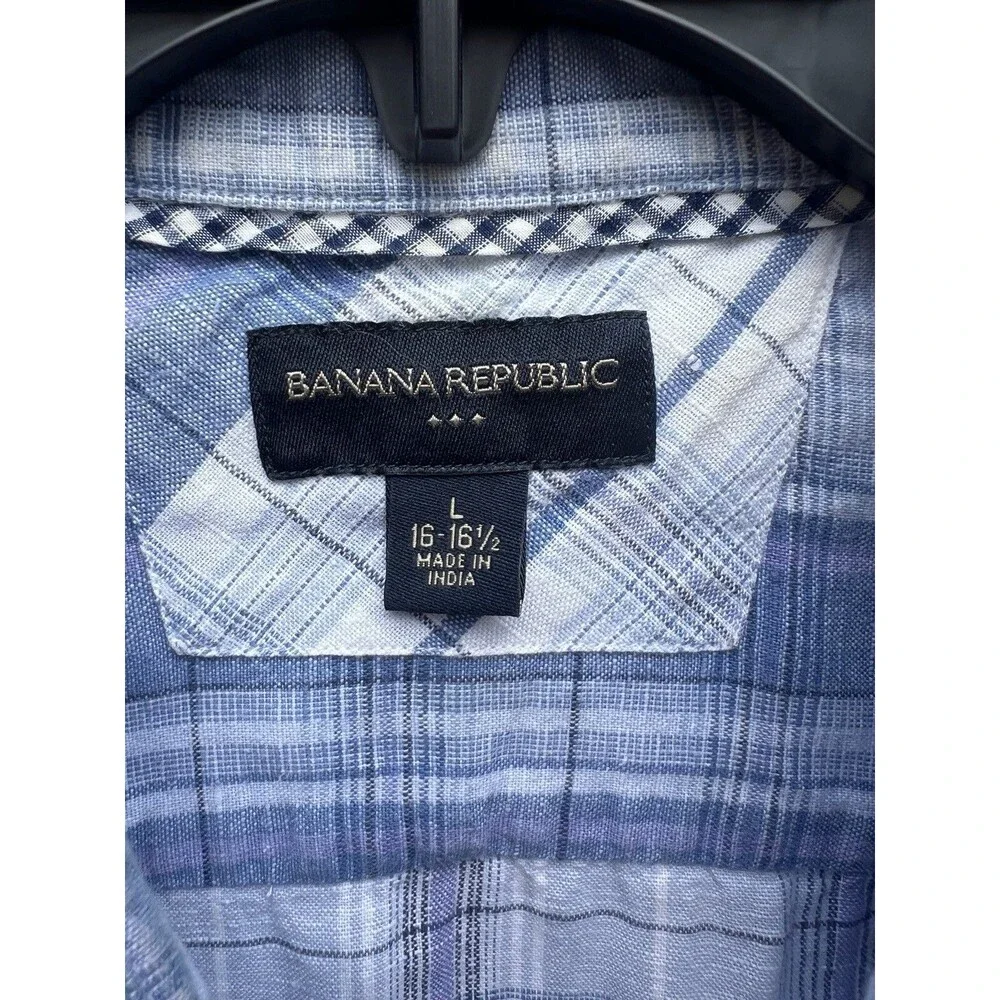 Banana Republic Linen Blend Button Up Mens Sz Large 16-16 1/2 Blue Plaid
